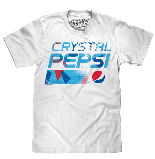 White t-shirt with 'Crystal Pepsi' graphic design on a white background