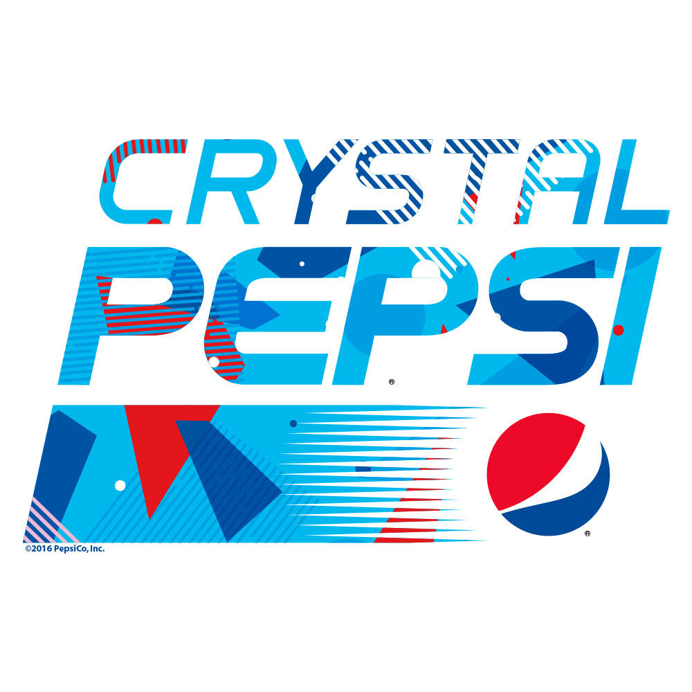 Crystal Pepsi logo with blue, red, and white design on a white background