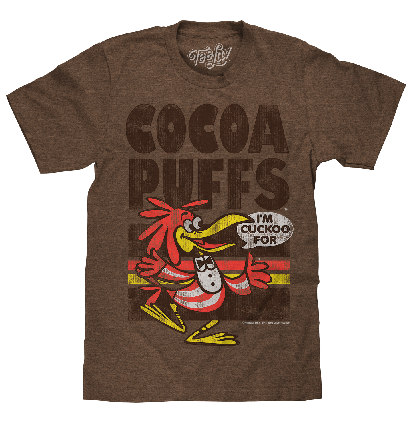 Brown t-shirt with a cartoon character and 'Cocoa Puffs' text on a white background