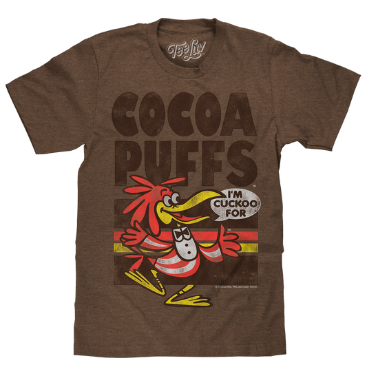 Brown t-shirt with a cartoon character and 'Cocoa Puffs' text on a white background