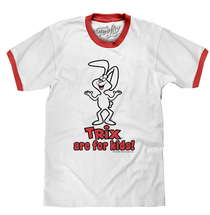 White t-shirt with red trim featuring a cartoon character and text on a white background