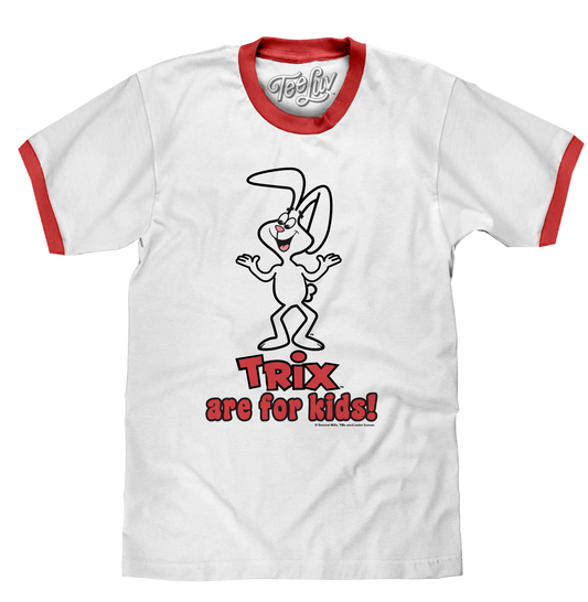White t-shirt with red trim featuring a cartoon character and text on a white background
