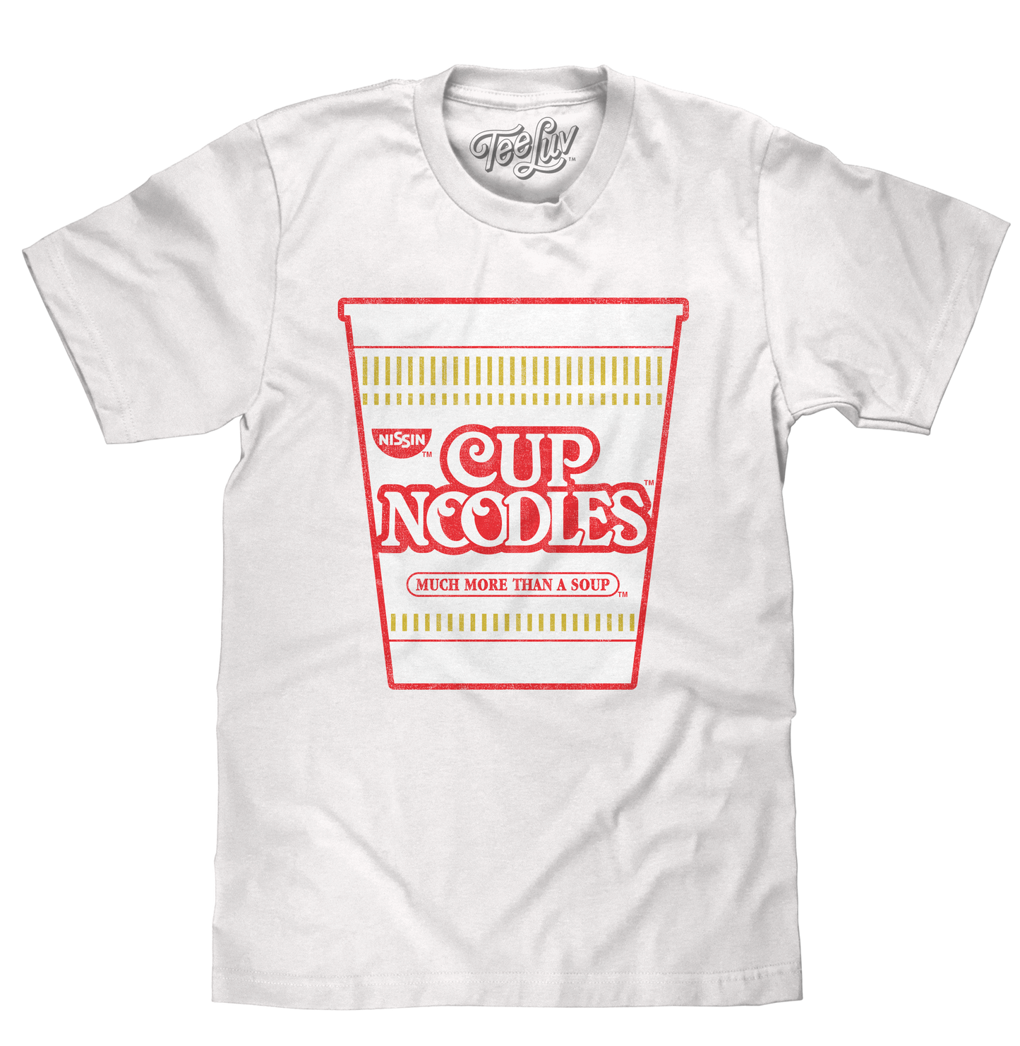 White t-shirt with red and yellow 'Cup Noodles' graphic on a white background