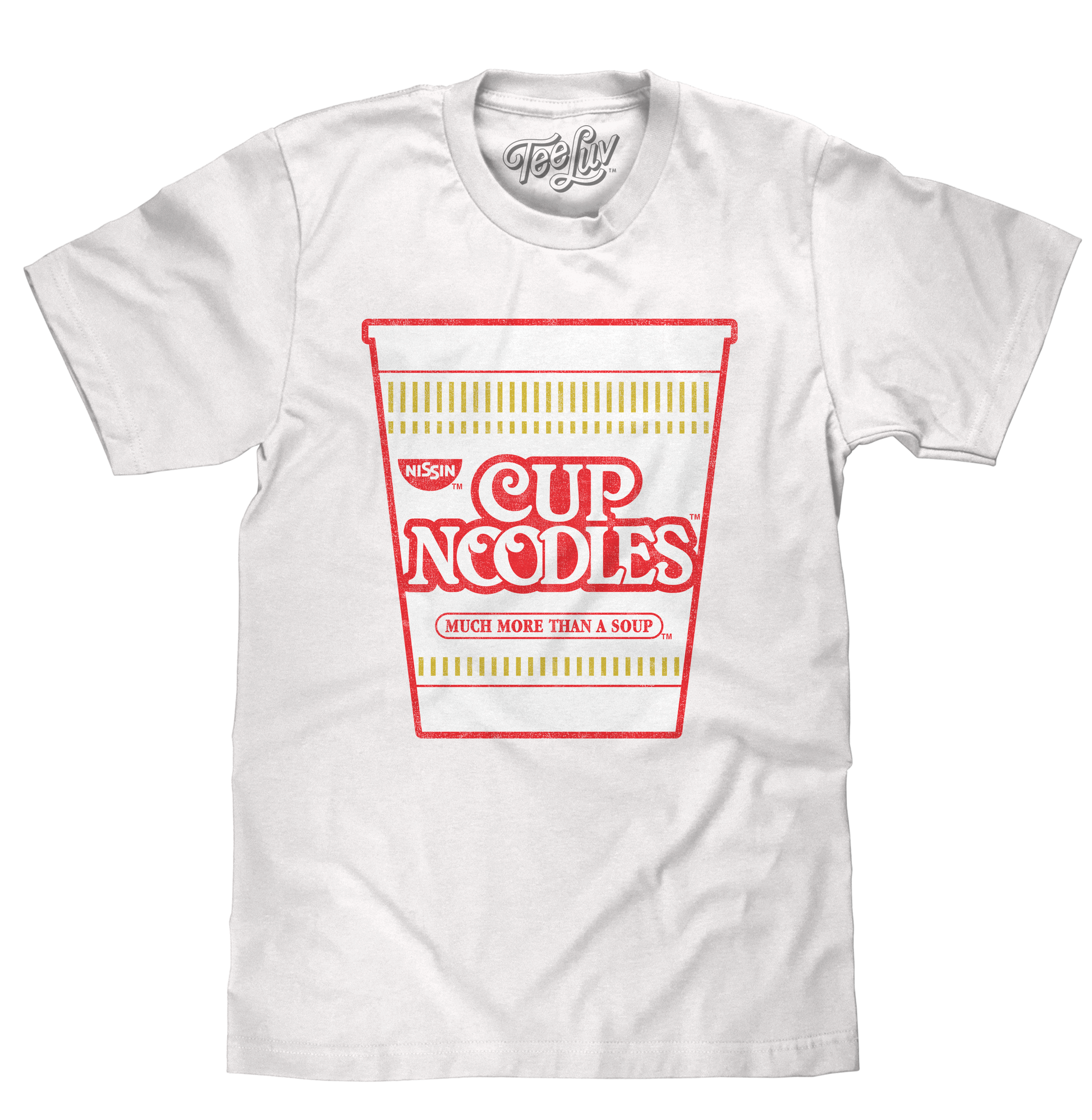 White t-shirt with red and yellow 'Cup Noodles' graphic on a white background