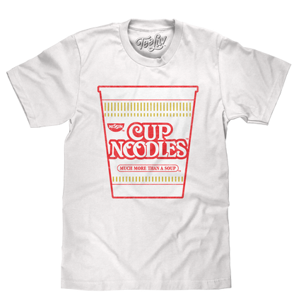 White t-shirt with red and yellow 'Cup Noodles' graphic on a white background
