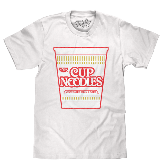White t-shirt with red and yellow 'Cup Noodles' graphic on a white background