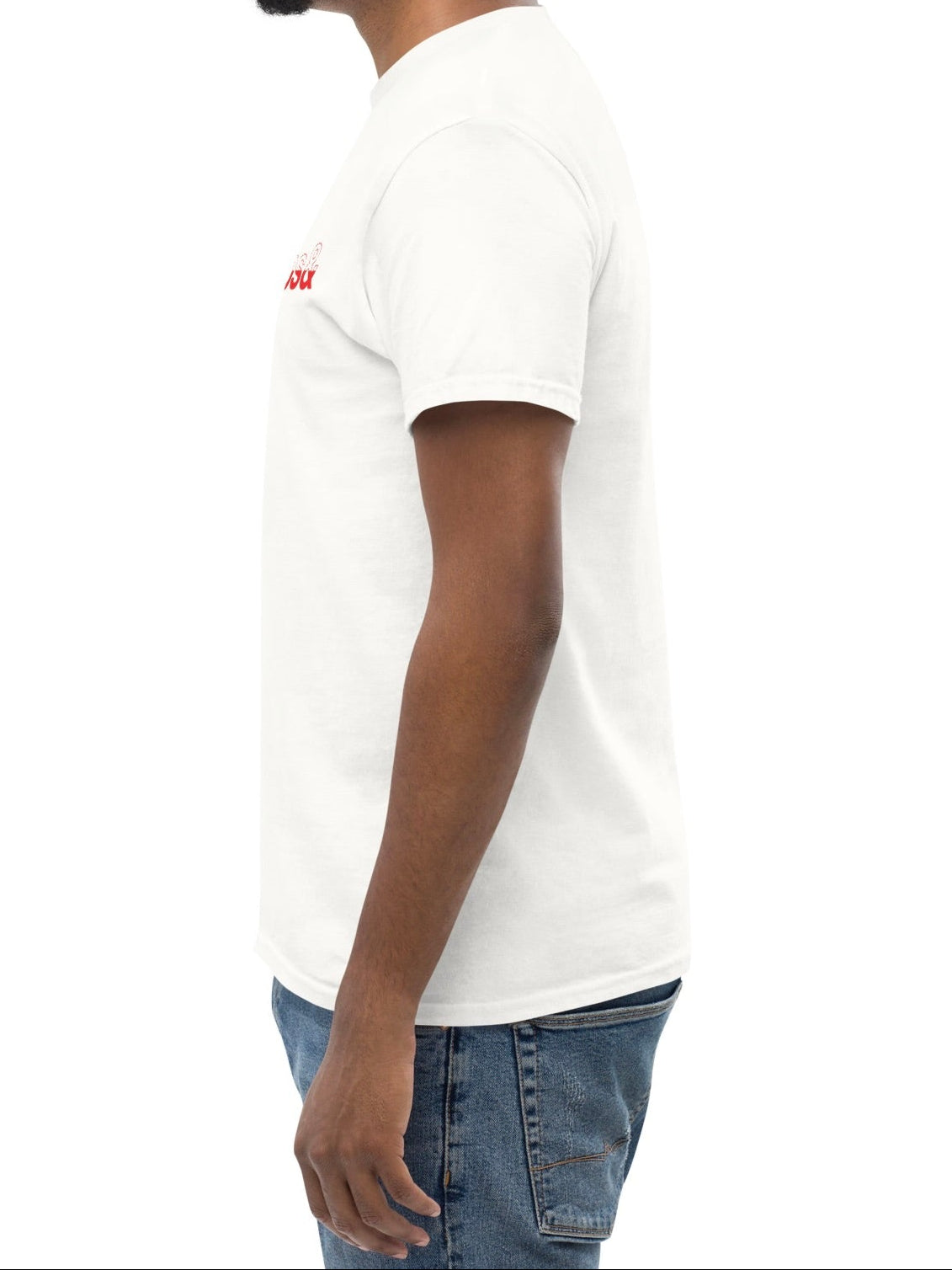 Man wearing a white t-shirt with a red logo on a white background