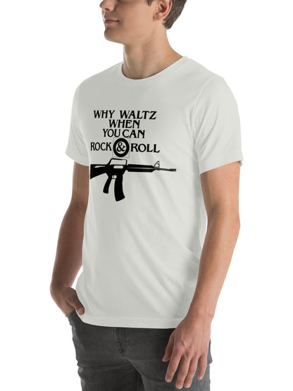 Person wearing a white t-shirt with a graphic and text on a white background