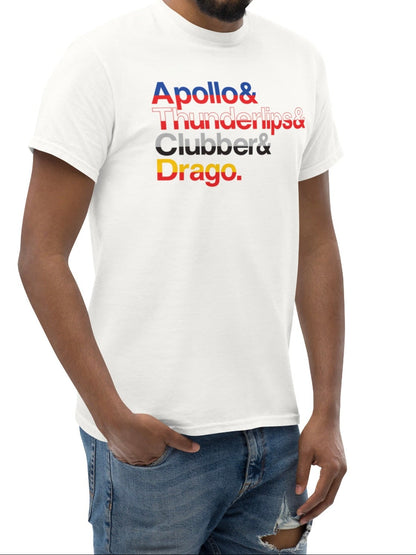 Man wearing a white t-shirt with colorful text on a white background