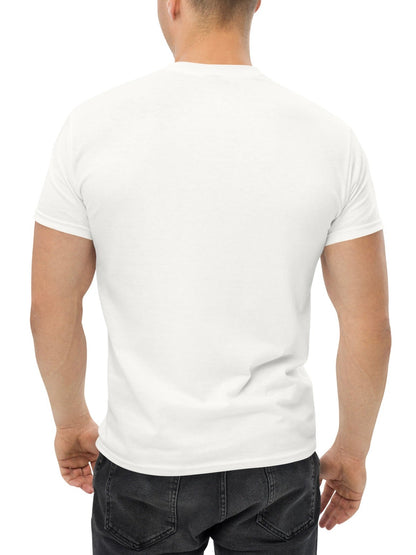 Man wearing a plain white t-shirt on a white background