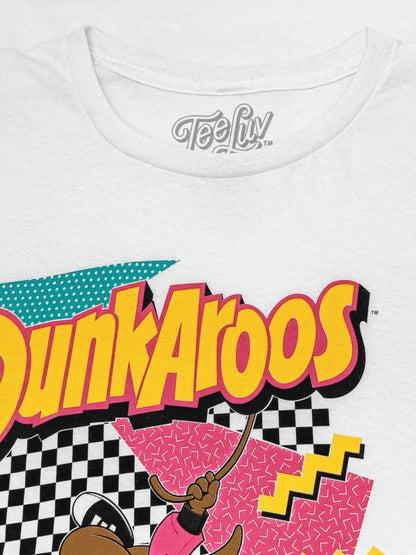 White t-shirt with colorful 'DunkAroos' graphic design and 'Tee Luv' branding.