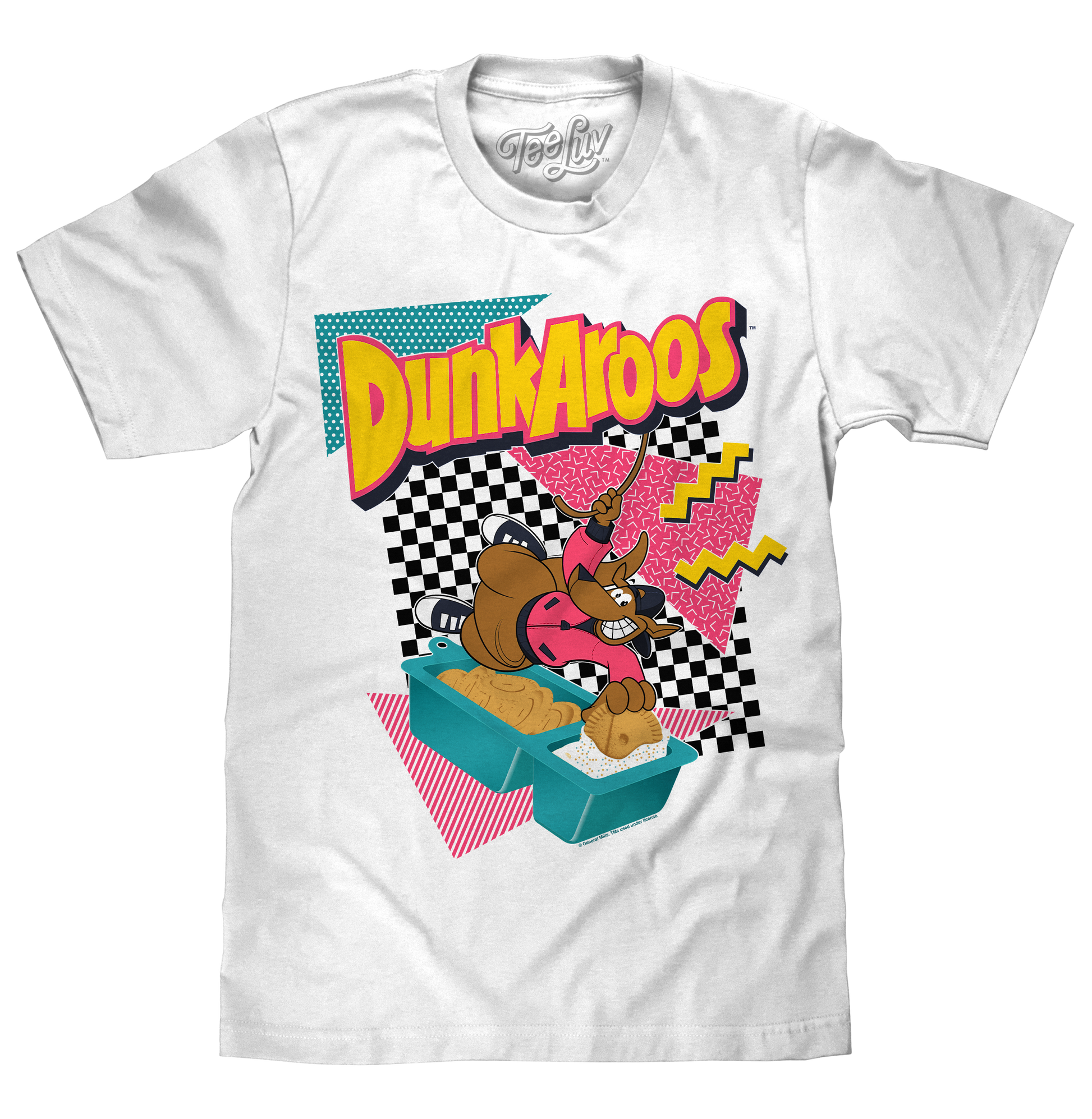 White t-shirt with 'Dunkaroos' graphic design featuring a cartoon character and colorful text on a white background.