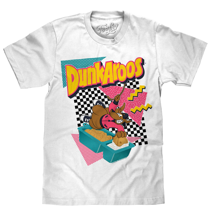 White t-shirt with 'Dunkaroos' graphic design featuring a cartoon character and colorful text on a white background.