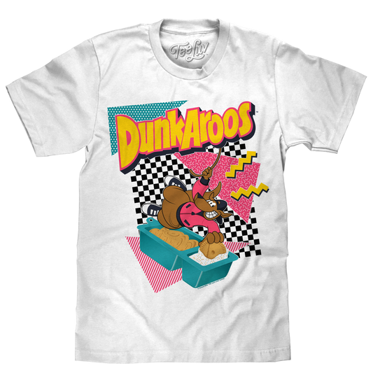 White t-shirt with 'Dunkaroos' graphic design featuring a cartoon character and colorful text on a white background.