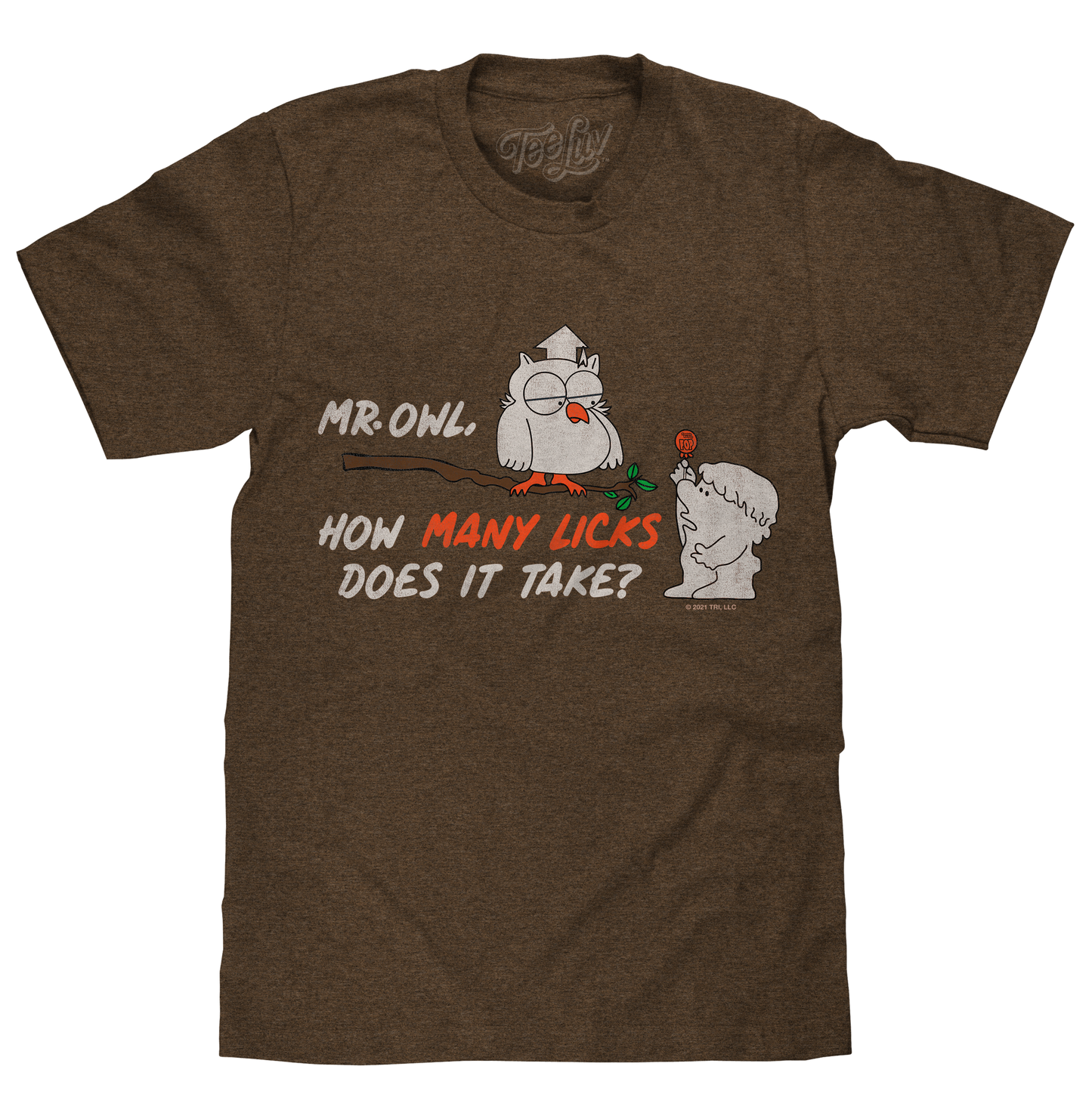 Brown t-shirt with cartoon owl and bear design and text on a white background