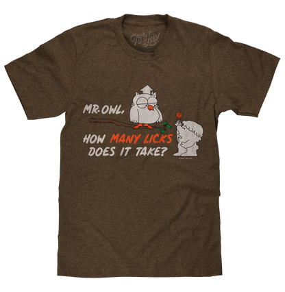 Brown t-shirt with cartoon owl and bear design and text on a white background