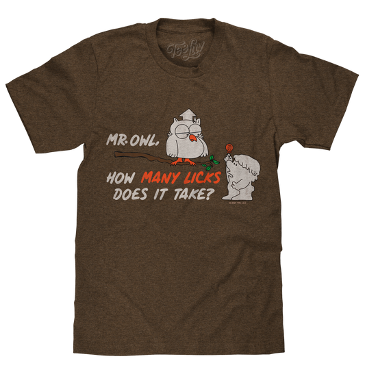 Brown t-shirt with cartoon owl and bear design and text on a white background