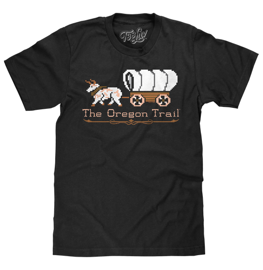 Black t-shirt with 'The Oregon Trail' design featuring a dog and covered wagon on a white background.