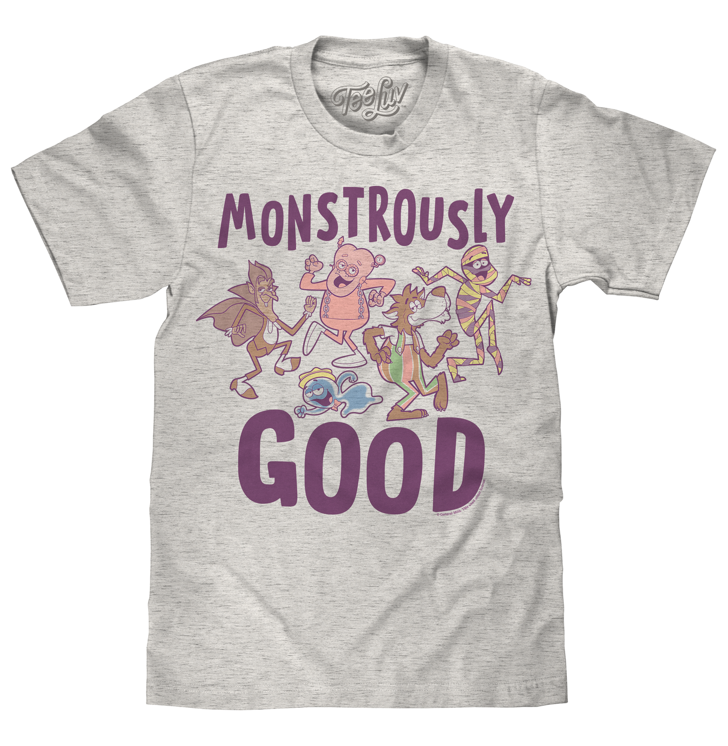 Gray t-shirt with cartoon characters and 'Monstrously Good' text on a white background