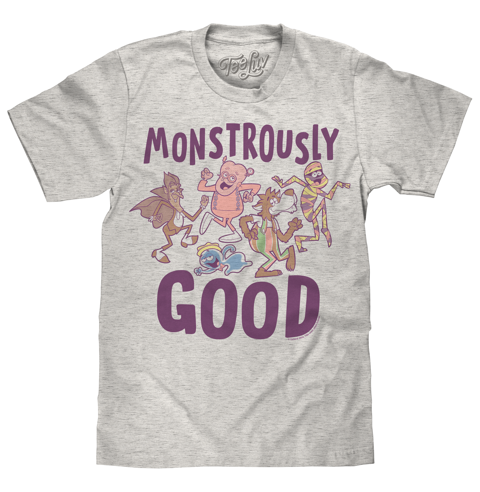 Gray t-shirt with cartoon characters and 'Monstrously Good' text on a white background