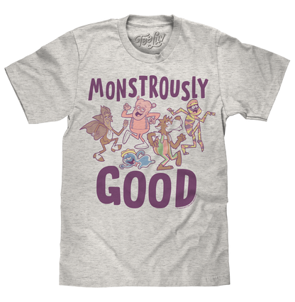 Gray t-shirt with cartoon characters and 'Monstrously Good' text on a white background