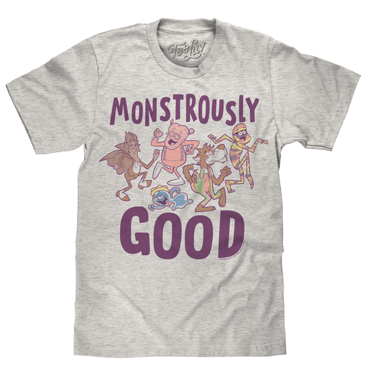 Gray t-shirt with cartoon characters and 'Monstrously Good' text on a white background