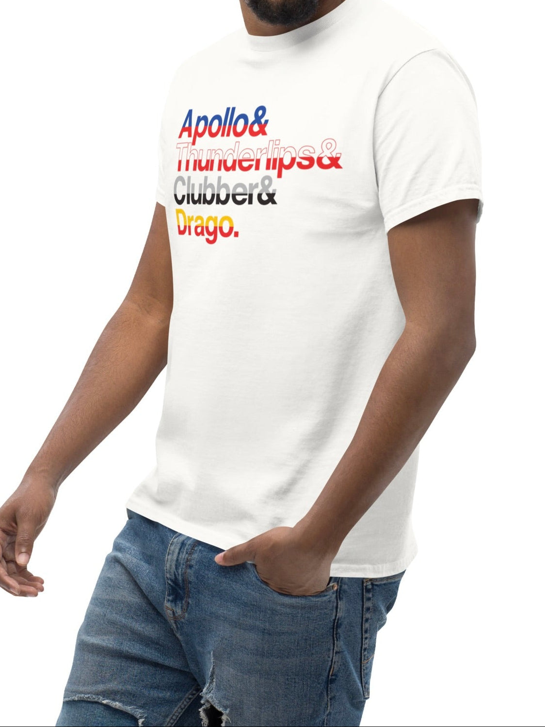 Man wearing a white t-shirt with colorful text on a white background