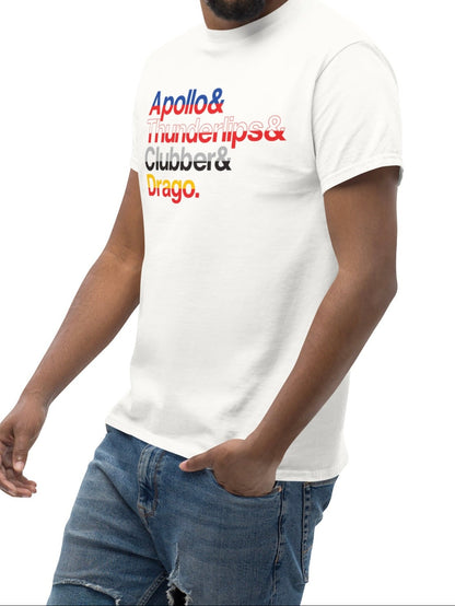 Man wearing a white t-shirt with colorful text on a white background