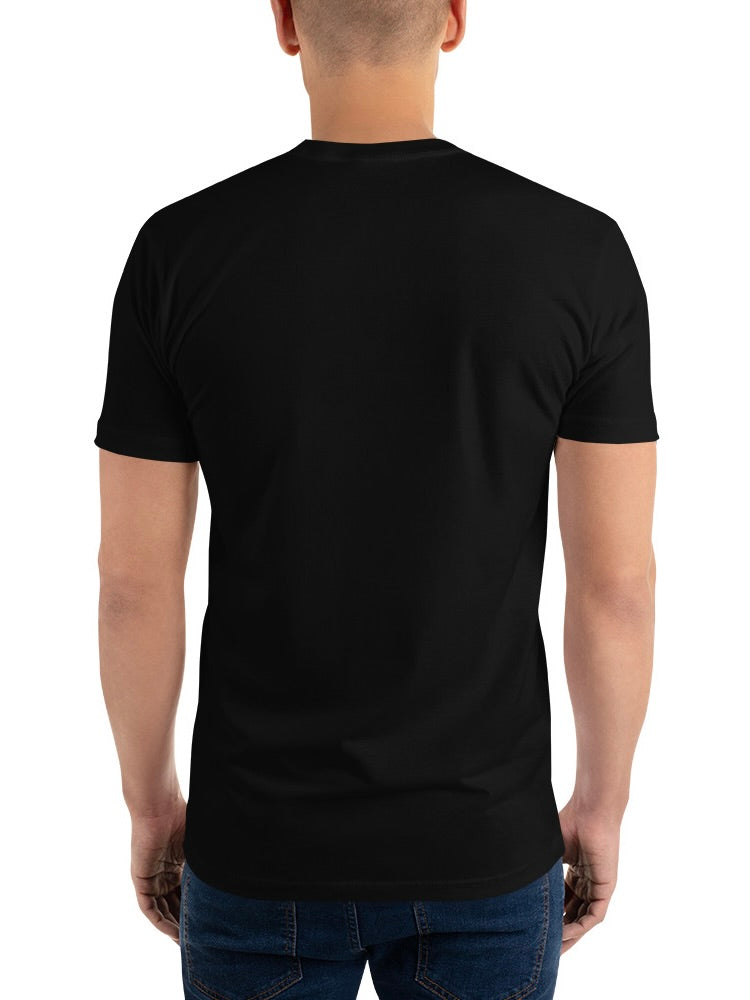 Person wearing a plain black t-shirt on a white background