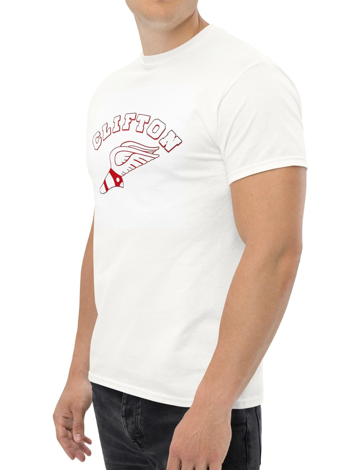 Man wearing a white t-shirt with a red logo on a white background