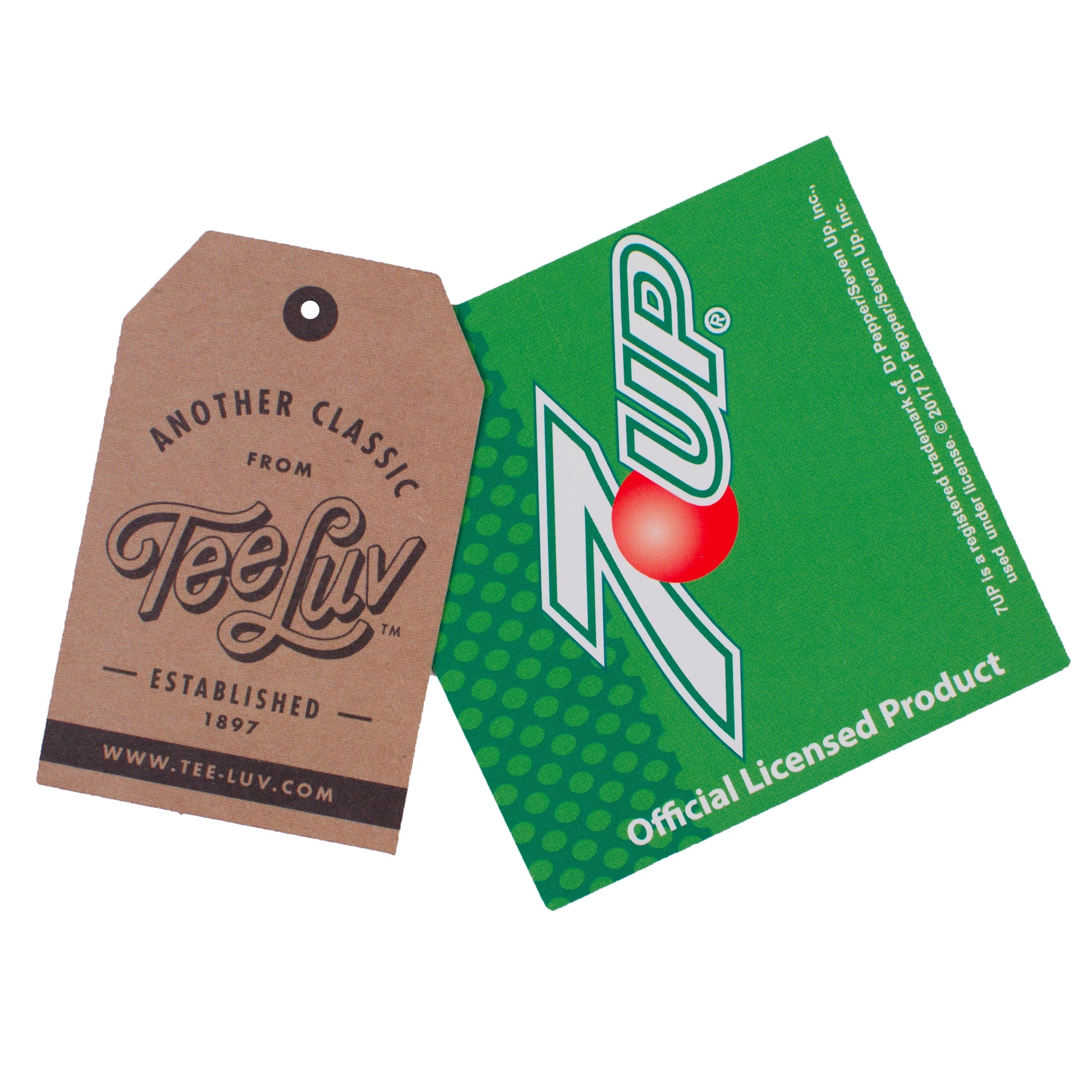 Two product tags, one brown and one green with a red logo, on a white background.