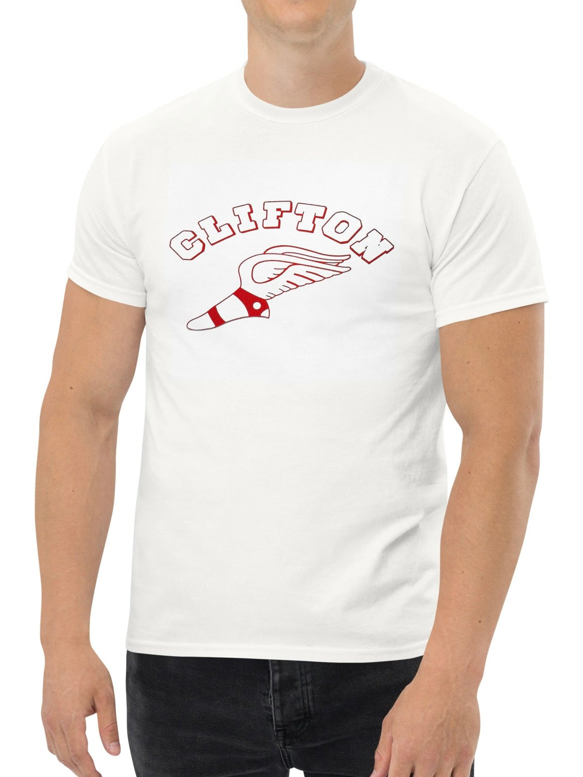 Man wearing a white t-shirt with 'Clifton' graphic design on a white background