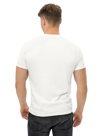 Man wearing a plain white t-shirt on a white background