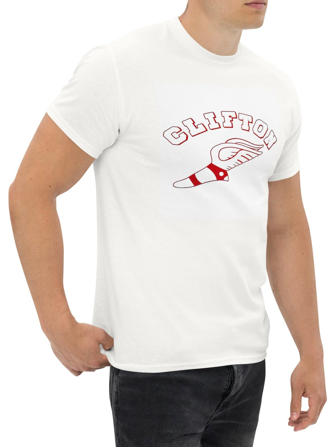 Man wearing a white t-shirt with 'Clifton' graphic design on a white background