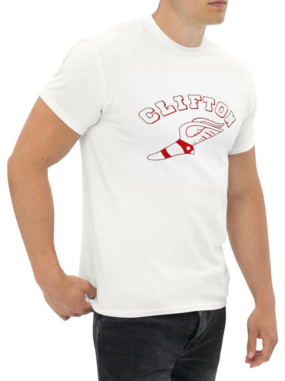 Man wearing a white t-shirt with 'Clifton' graphic design on a white background