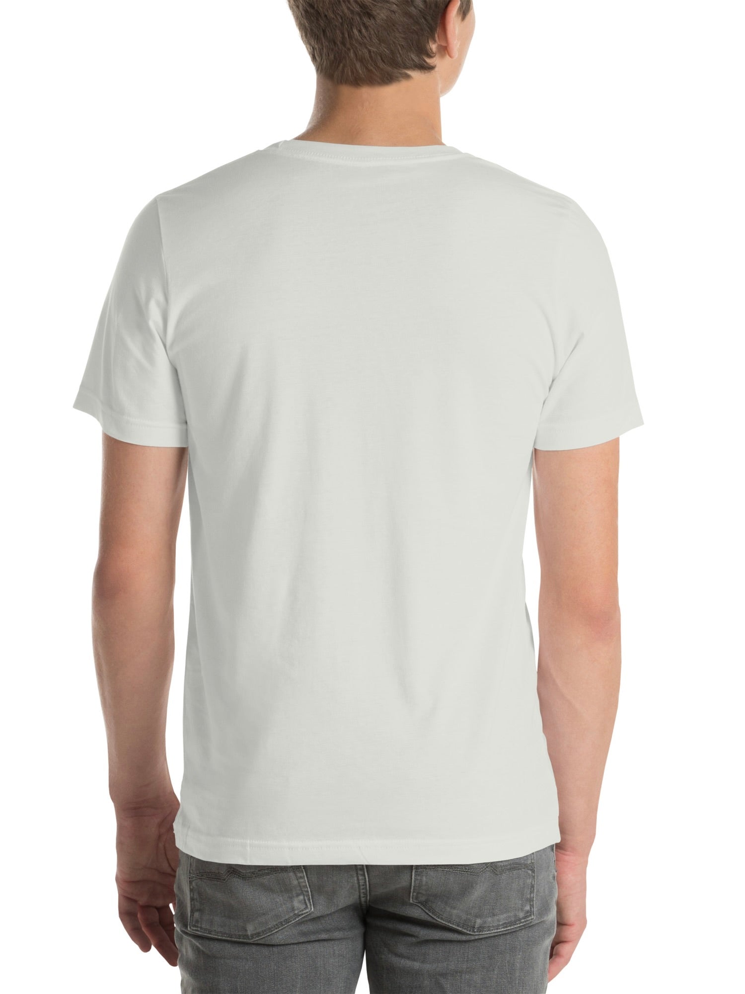 Person wearing a plain white t-shirt on a white background