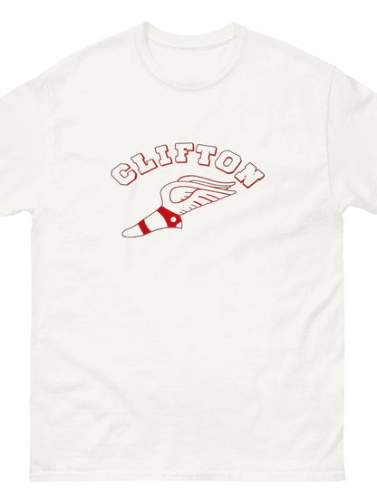 White t-shirt with red graphic design on a white background