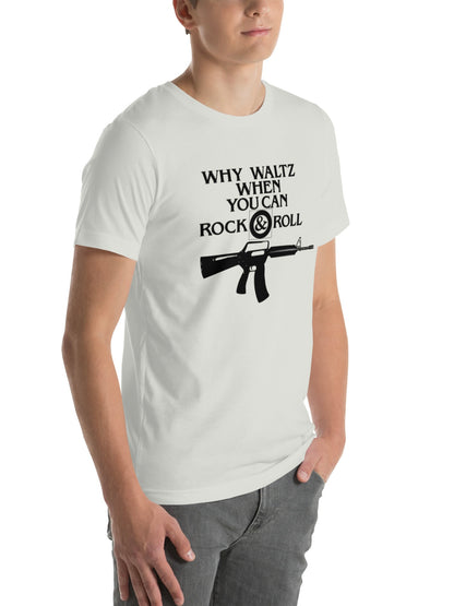 Person wearing a white t-shirt with a graphic and text on a white background