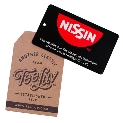 Nissin branded card and Tee Luv branded box on a white background