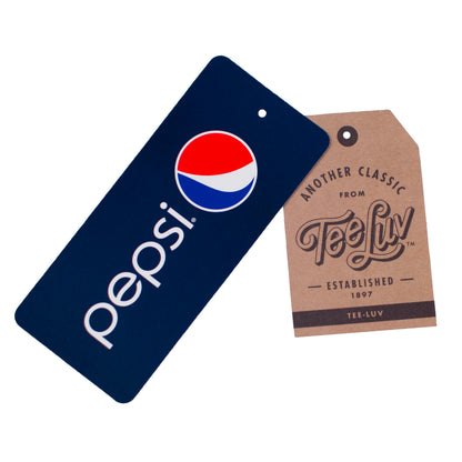 Pepsi logo on a blue tag next to a Tee Luv branded brown tag.
