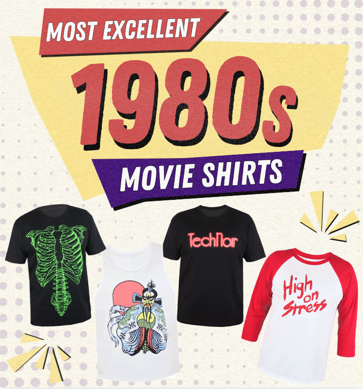 Four t-shirts with 1980s movie-themed designs on a polka dot background with promotional text.