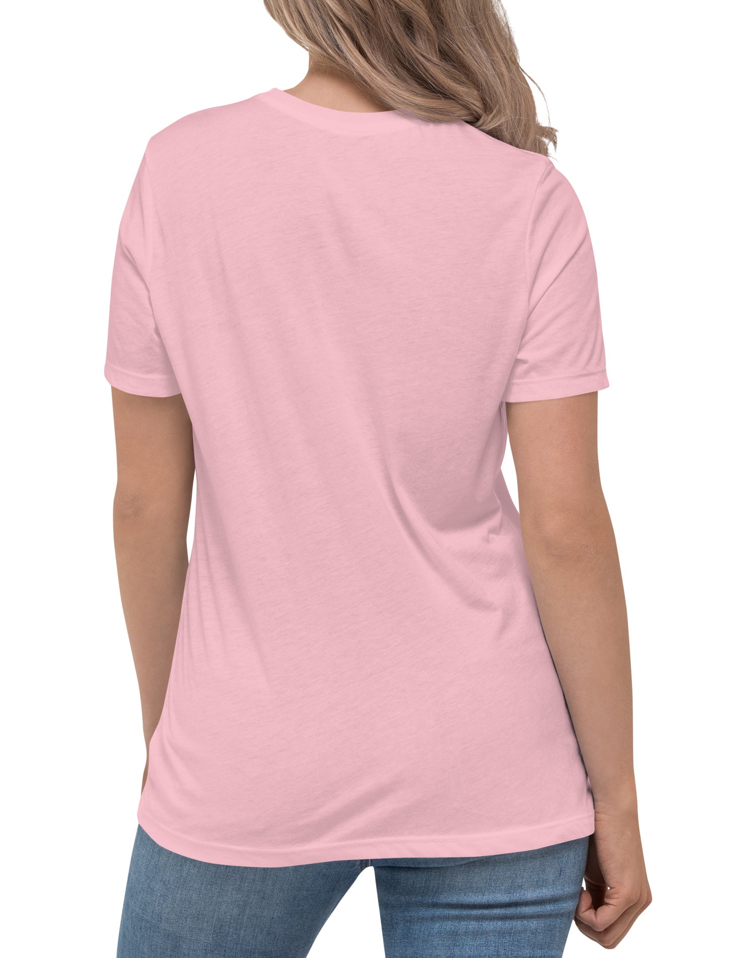 Person wearing a pink t-shirt on a white background, seen from the back