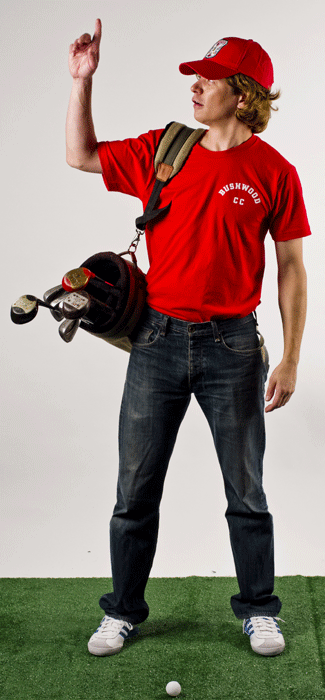 Costume guide for Danny Noonan from the movie Caddyshack.  Danny wears a red t-shirt that says Bushwood CC on it, a red cap, and holds a bag full of golf clubs.