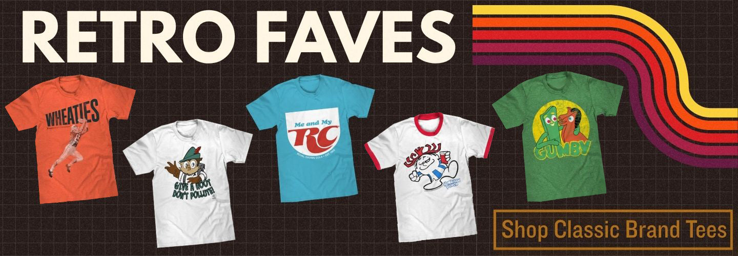 Collection of retro-themed t-shirts with colorful stripes on a black background
