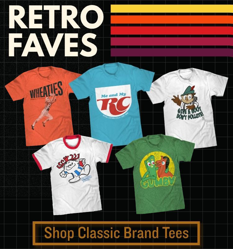 Collection of vintage-style t-shirts with retro graphics and text on a grid background.