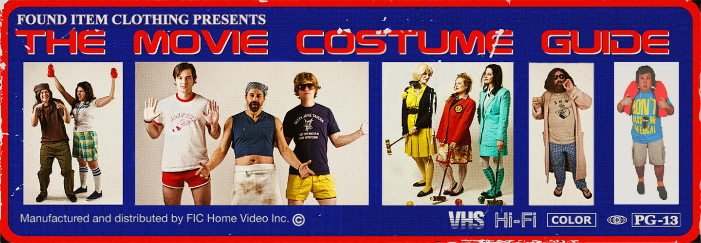 Text reads "Found Item Clothing Presents The Movie Costume Guide" with five photos of costumes from 1980s movies.