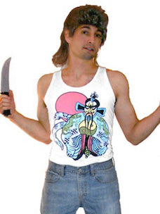 Costume guide for Jack Burton from the movie Big Trouble in Little China.  Jack has a mullet and holds a plastic knife.  He wears a white tank top with a colorful image of Fu Manchu on it, and a pair of light blue jeans.