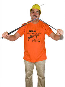 Costume guide for Mr. Larson from the movie Happy Gilmore.  Mr. Larson wears a yellow helmet, an orange t-shirt, and a pair of khaki pants.  He is breaking a golf club in two.  He has a black mustache and black hair.