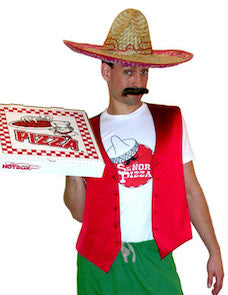 Costume guide for Randy from the movie Loverboy.  Randy wears a sombrero, a black mustache, a red vest, green pants, and a white t-shirt that says "Señor Pizza" on it.  He carries a pizza box.