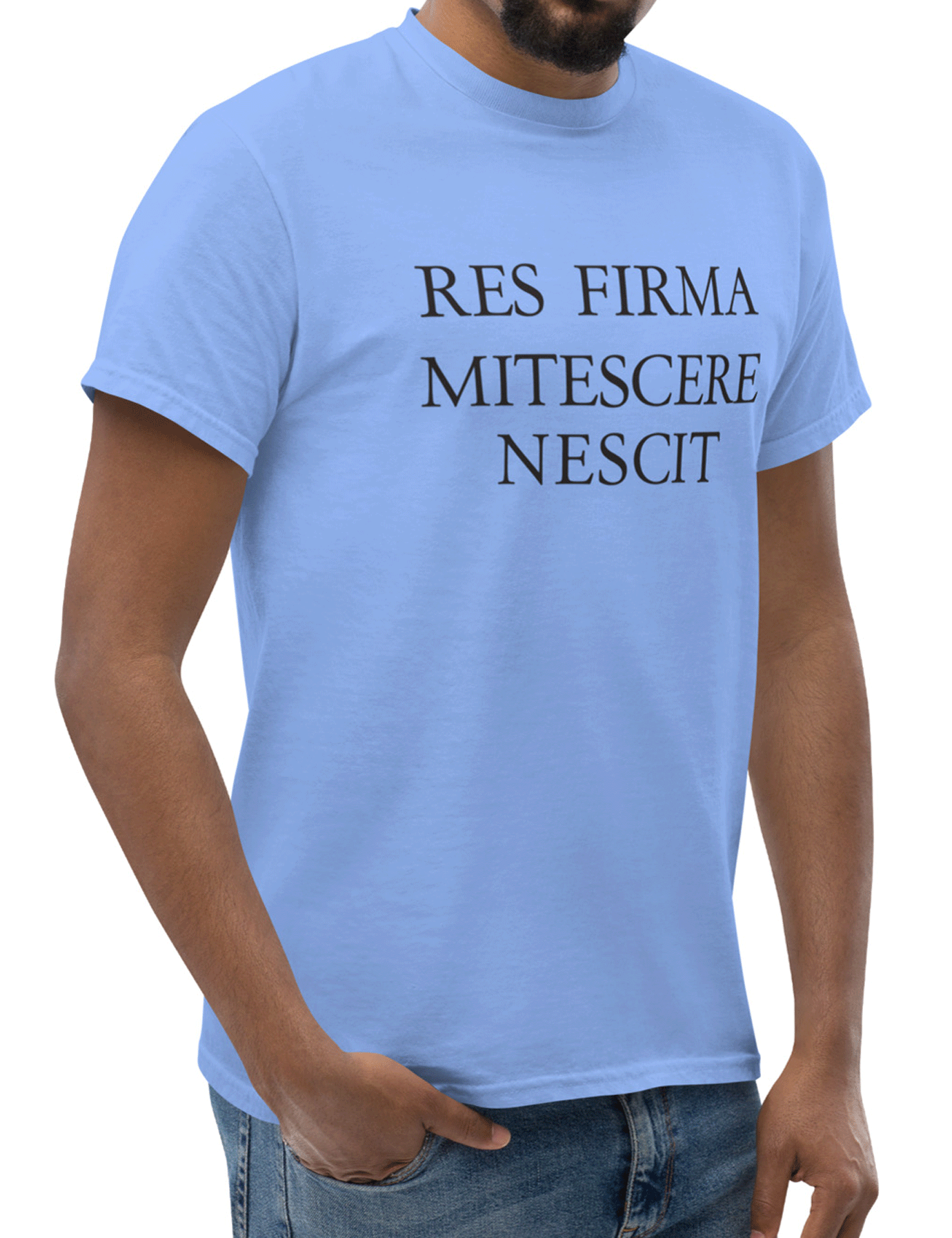 Person wearing a light blue t-shirt with navy blue text on a white background